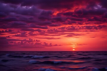 Obraz premium A dramatic sunset over the ocean with deep orange pink and purple hues blending into the horizon, AI Generated