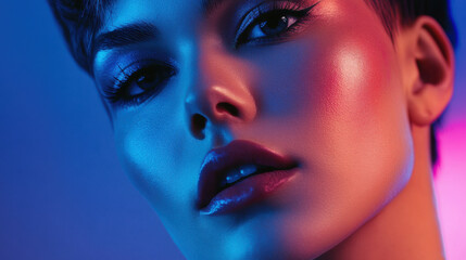 Beautiful woman with short hair, glowing skin and makeup in neon light, close-up portrait, fashion