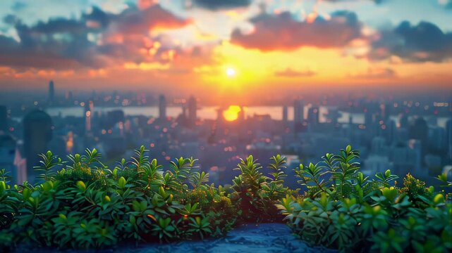 city ​​at dawn. tall, stylish buildings in the rays of the sun. a corner of greenery against the backdrop of a metropolis in the sun