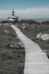 Wooden church on the shore of the White Sea.