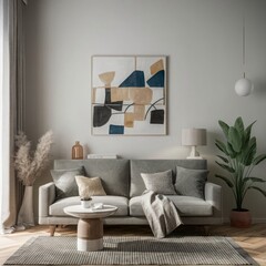 Contemporary neutral colors minimalist interior, home mockup , 3d render