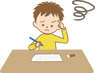 勉強で難しい問題に、悩み考える男の子