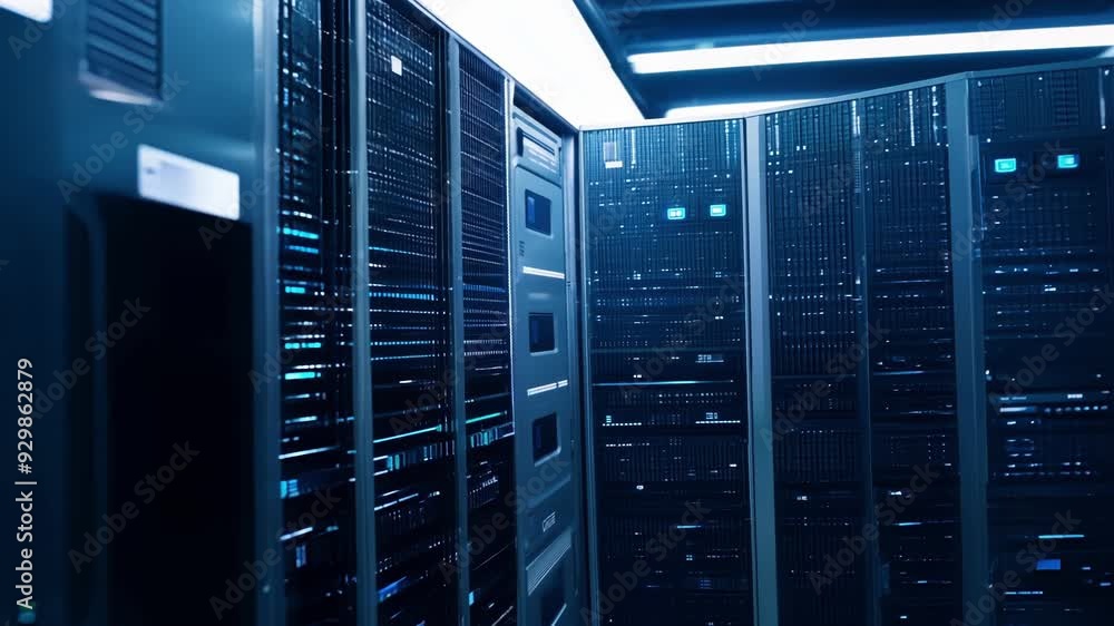 Poster the camera zooms in on a server rack filled with ssds and blinking lights embodying the powerful com