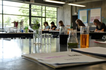 A classroom set up for a science demonstration, with students observing experiments and taking notes