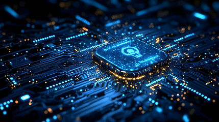 Fototapeta premium Digital circuit board with glowing AI symbol and connections.