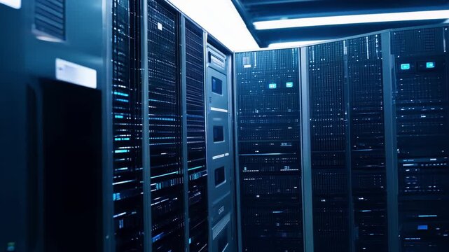 The camera zooms in on a server rack filled with SSDs and blinking lights embodying the powerful combination of cloud computing and machine learning in a modern datacenter.