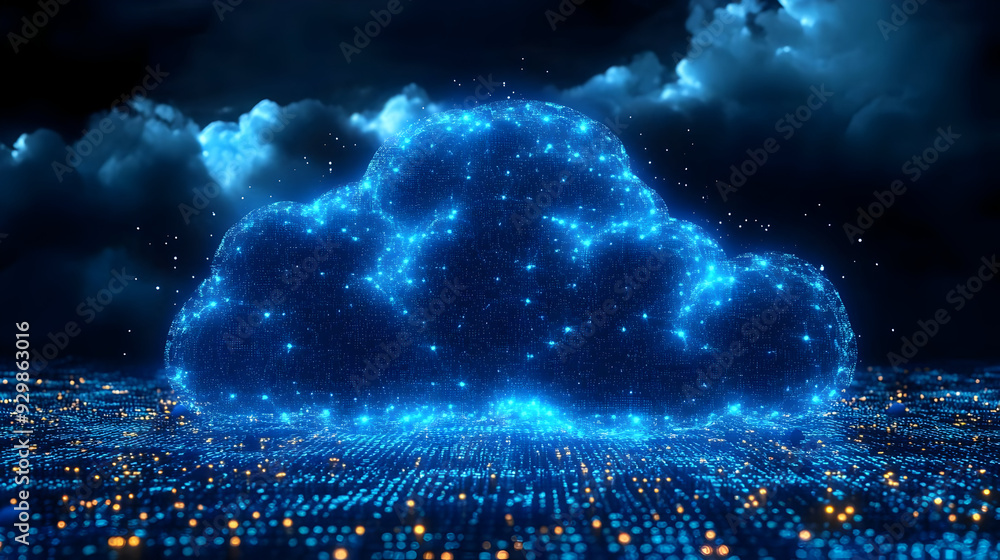 Poster digital cloud representation with glowing particles and a tech vibe.