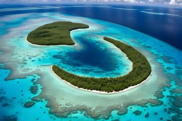 An aerial view of a tropical island surrounded by vibrant blue and turquoise waters with coral reef, AI Generated
