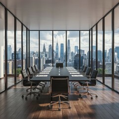 Inside the office there are chairs and a table. Computer monitors, documents, and shelves near the window
