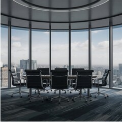 Inside the office there are chairs and a table. Computer monitors, documents, and shelves near the window
