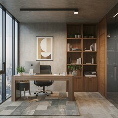 Inside the office there are chairs and a table. Computer monitors, documents, and shelves near the window
