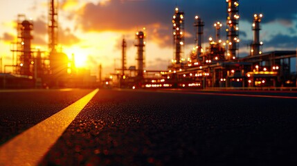 A scenic view of an oil refinery at sunset, showcasing industrial structures and vibrant sky colors.