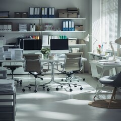 Inside the office there are chairs and a table. Computer monitors, documents, and shelves near the window
