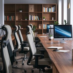 Inside the office there are chairs and a table. Computer monitors, documents, and shelves near the window
