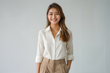 casual portrait features a young woman with straight hair and a soft smile, highlighted by a crisp white shirt and a bright, clean background.