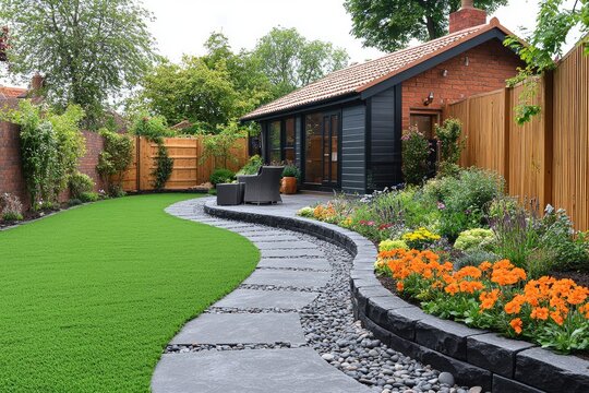 Fototapeta Beautiful modern garden office building featuring a stone stepping path and artificial turf lawn