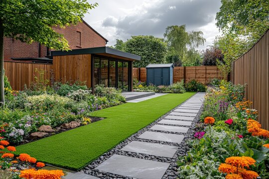 Beautiful garden with stone tiled path leading to garden room office