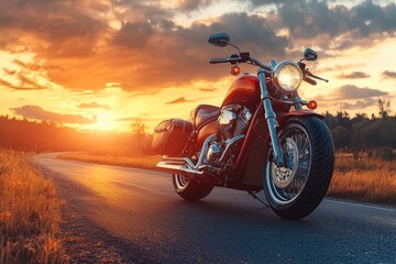 Fototapeta premium Red and chrome motorcycle standing on an empty road at sunset