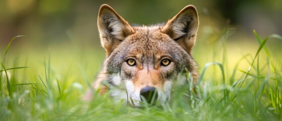  A tight shot of a wolf against a backdrop of trees and bushes, the grassy foreground in focus, the trees and bushes softly blurred