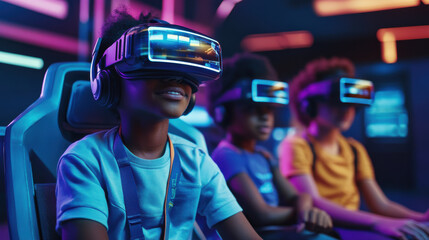 Black children in a futuristic educational environment, using VR helmets for interactive lessons, realistic and detailed