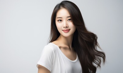 Fototapeta premium casual portrait features a young woman with straight hair and a soft smile, highlighted by a crisp white shirt and a bright, clean background.