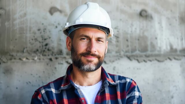 Portrait of craftsman looking at camera. The background is a concrete wall