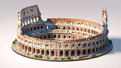 A large, round, ancient Roman Colosseum, mostly in ruins, with seating and arches.