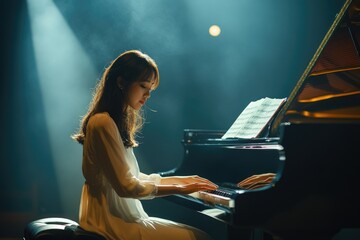 Young asian woman pianist playing grand piano on stage