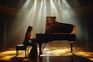 Young asian woman pianist playing grand piano on stage