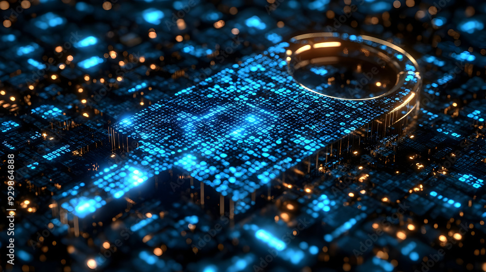 Poster digital lock symbol composed of glowing pixels on a tech background.