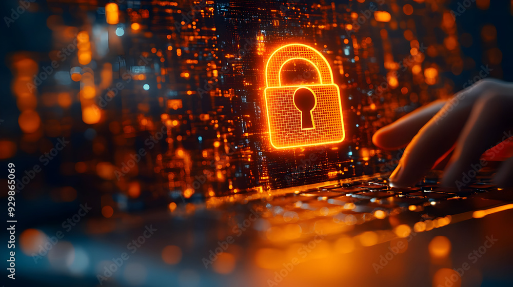 Poster digital lock symbol over a keyboard, representing cybersecurity.