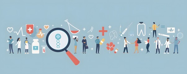 Healthcare professionals and medical symbols in a collaborative setting