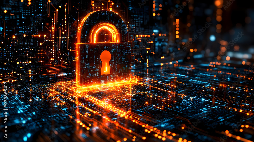 Poster digital lock symbolizing cybersecurity and data protection.