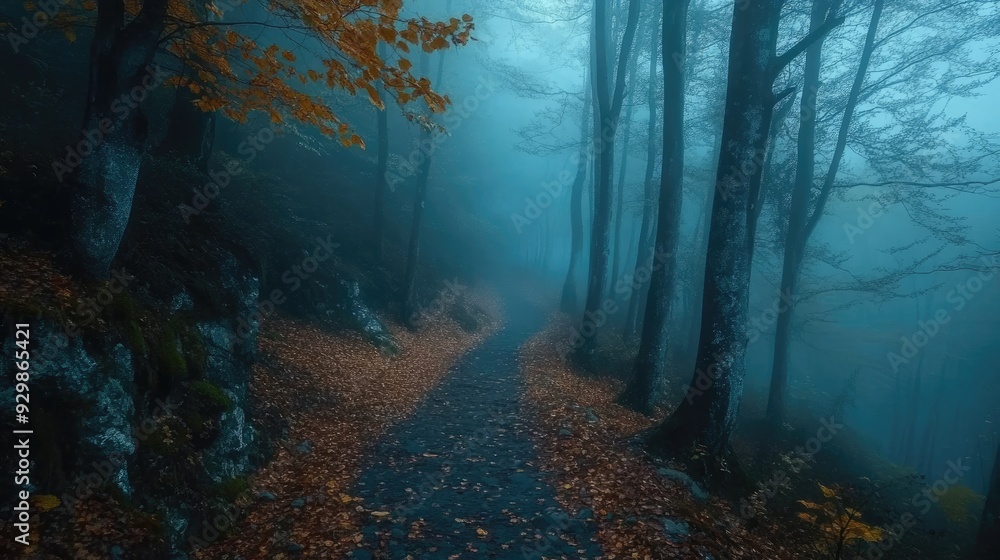 Poster mysterious forest path disappearing into a blue fog