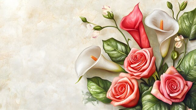A close-up of three pink roses and a calla lily on a light background. Template for quotes, and greeting cards.