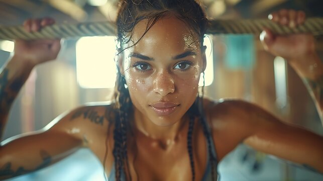 An action-packed shot of a woman executing a ring row on gymnastics rings. her muscles defined and sweat glistening. energetic gym environment with motivational posters. bright and airy lighting.