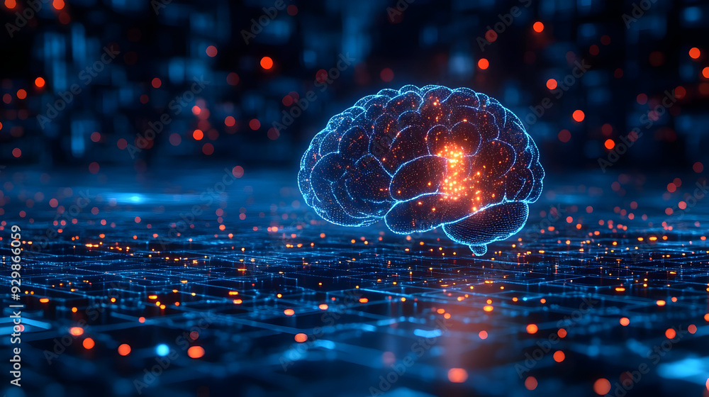 Poster digital representation of a brain with glowing neural connections.