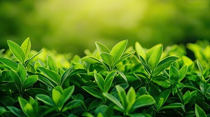 Obraz premium Vibrant green leaves basking in soft sunlight, creating a serene and fresh natural atmosphere for eco-friendly themes.