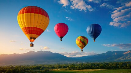 Naklejka premium Vibrant hot air balloons soar against a stunning sunset over mountains, creating a picturesque and serene outdoor scene.