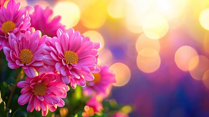 Obraz premium Vibrant pink flowers basking in soft sunlight, creating a dreamy atmosphere with blurred bokeh background. Perfect for nature lovers.