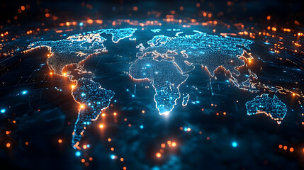 Fototapeta premium Digital representation of a world map with glowing connections.