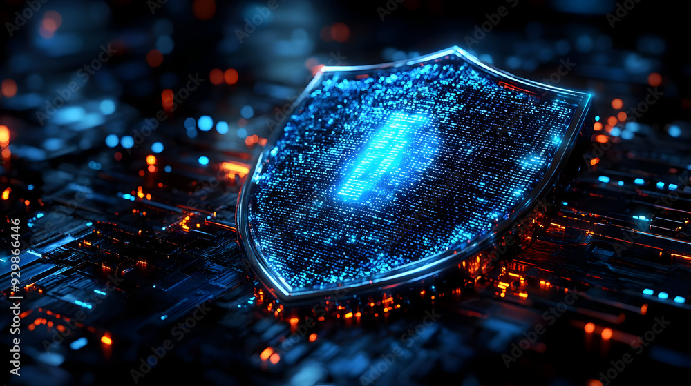 Poster Digital shield representing cybersecurity and data protection.