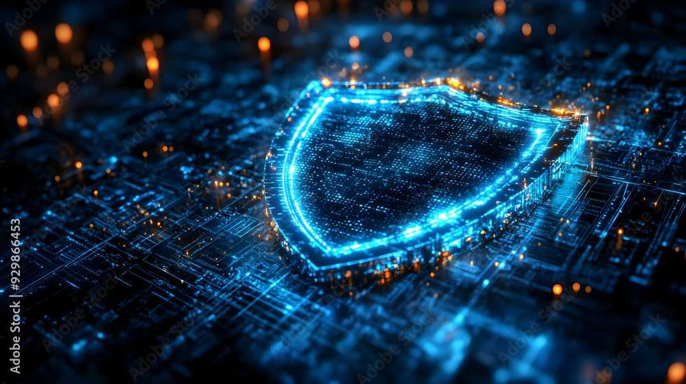 Poster digital shield symbolizing cybersecurity and data protection.