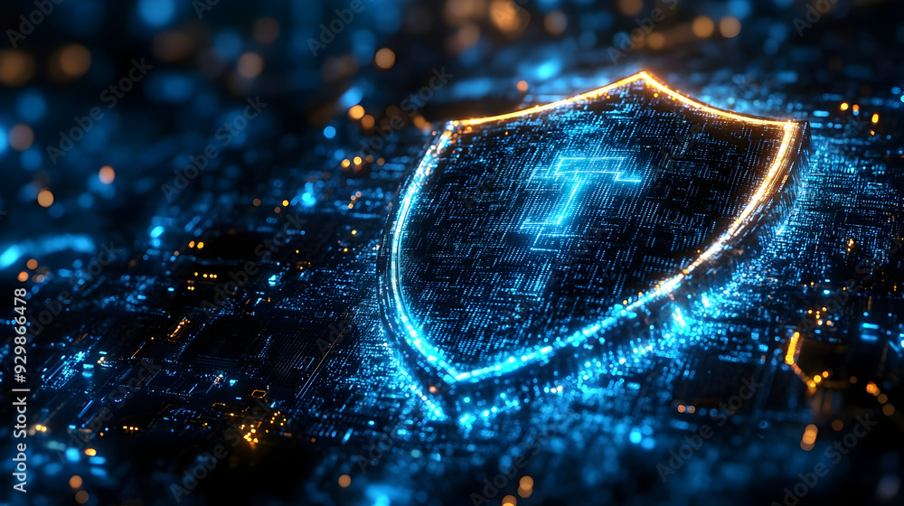 Poster digital shield with glowing circuitry and cross symbol.