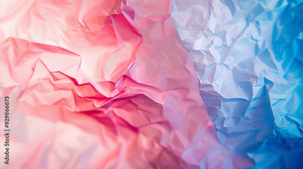 Poster crumpled red and blue paper creates an abstract composition, showcasing texture and vibrant color ag