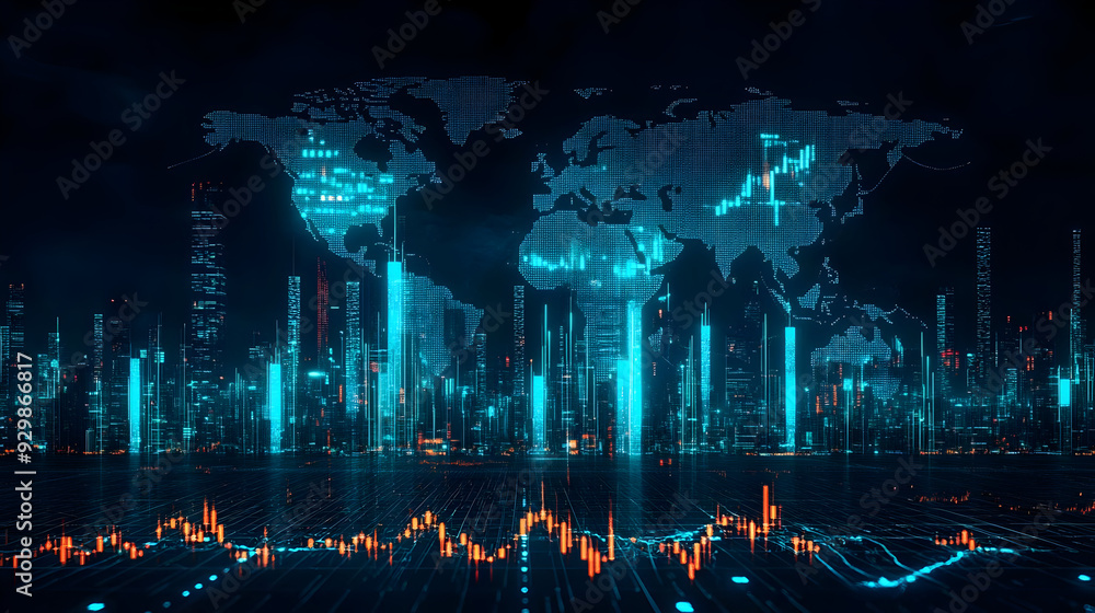 Poster digital world map with financial data visualization and city skyline.