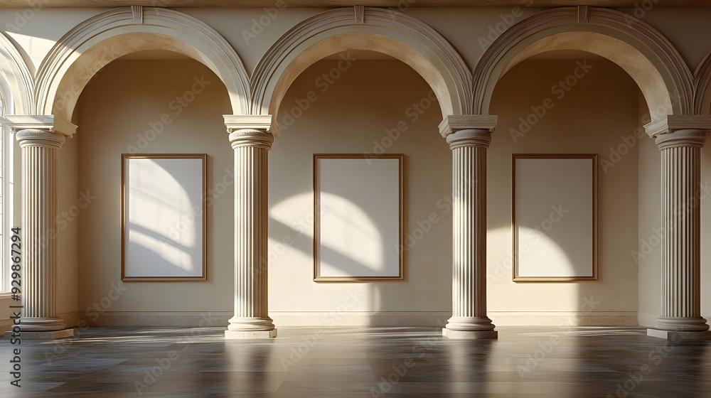 Poster elegant gallery interior with empty frames and classical columns.