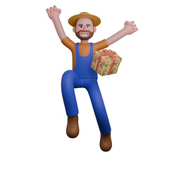 3D Professional Male in Farmer Role. A farmer jumping joyfully while holding a gift. Cartoon