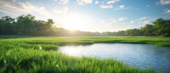  The sun shines brightly over a quiet pond, nestled in a grassy field dotted with trees in the backdrop