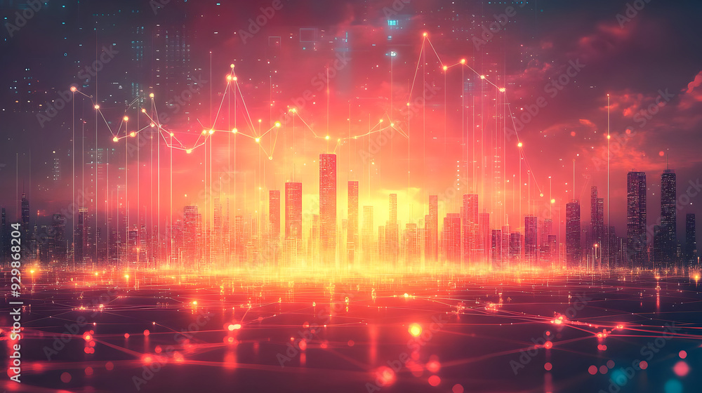 Poster futuristic cityscape with data visualization elements.